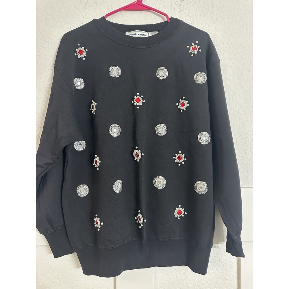 Vtg Westbound Sweater Women's Size M Grandma Jeweled Black Red Silver